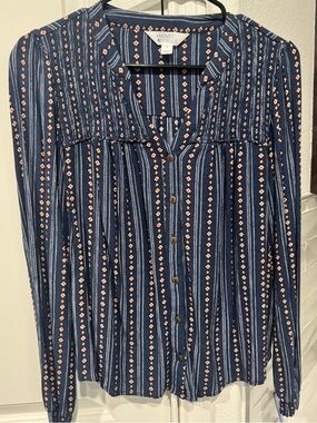 Market & Spruce Navy Boho Print Button Down Blouse Womens Medium Lightweight